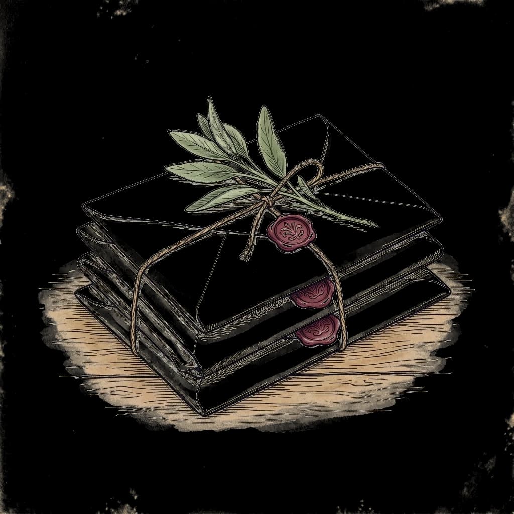 A bundle of wax-sealed letters tied with twine and a sprig of sage.