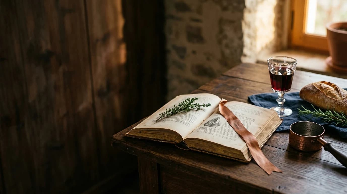 An open vintage cookbook on a rustic French country wooden table beside a glass of red wine, a copper measuring cup, fresh thyme, and a heel of crusty bread, lit by warm window light against stone walls and dark wood paneling.