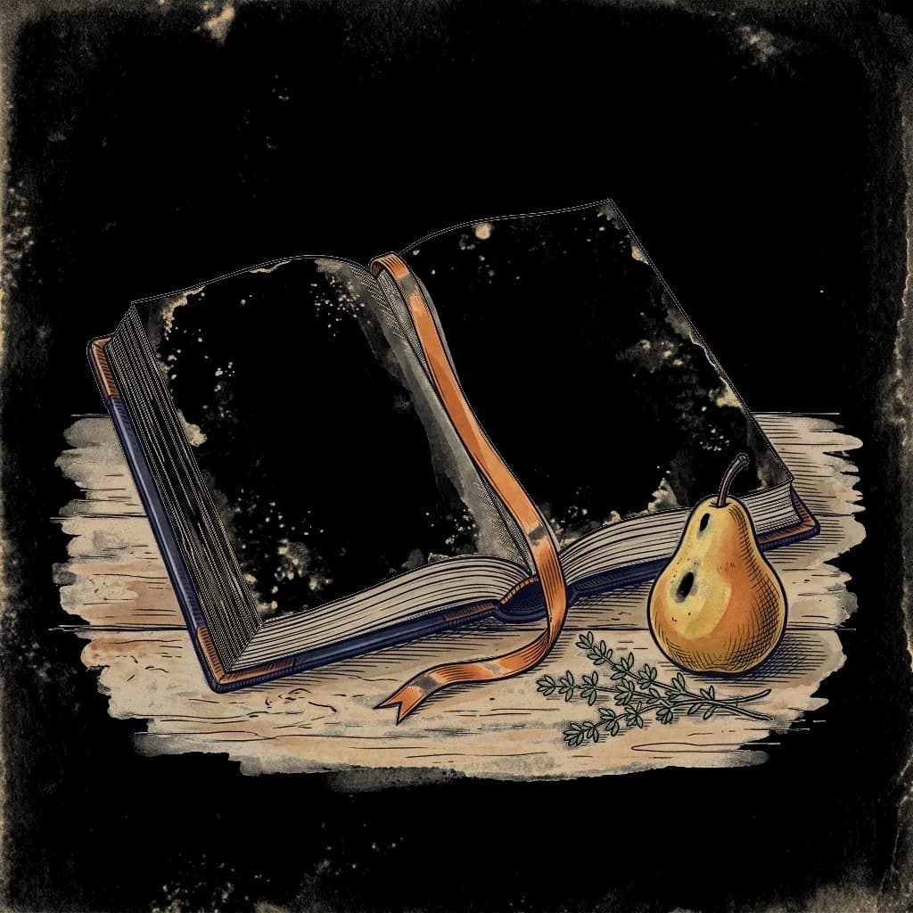 An open cookbook with a copper ribbon bookmark, a ripe pear and a sprig of thyme beside it.