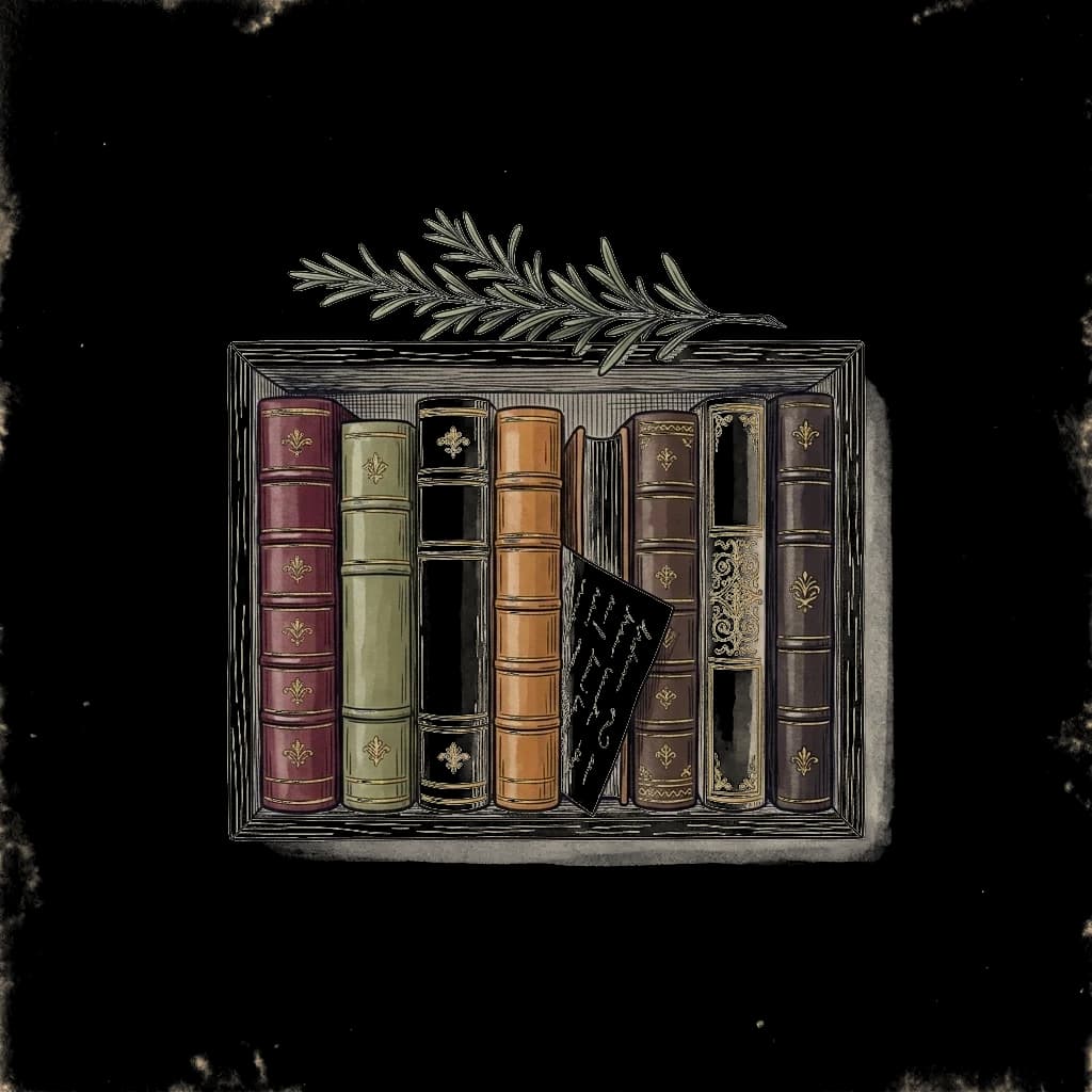 A small bookshelf of leather-bound cookbooks with a card tucked between them and a sprig of rosemary on top.