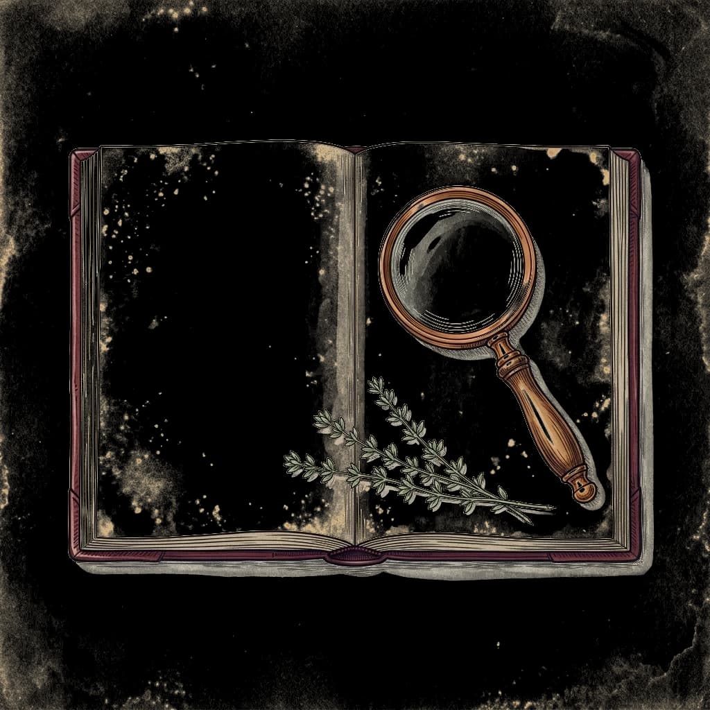 An open leather cookbook with a brass magnifying glass and a sprig of thyme.